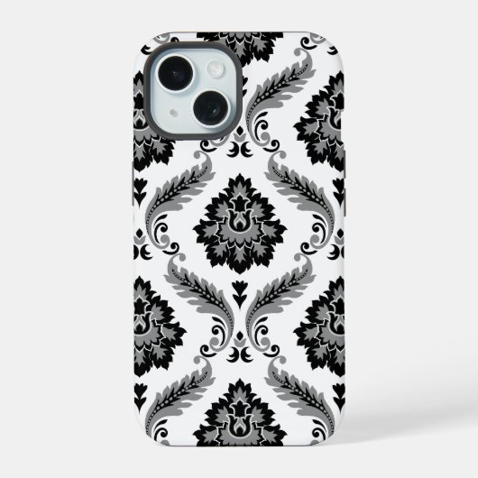 Rococo-Damask-Muster Grau Schwarz Weiß iPhone 15 Hülle (Rückseite)
