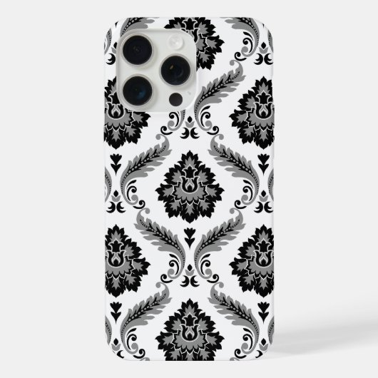 Rococo-Damask-Muster Grau Schwarz Weiß iPhone Hülle (Rückseite)