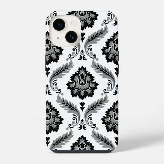 Rococo-Damask-Muster Grau Schwarz Weiß iPhone Hülle (Rückseite)