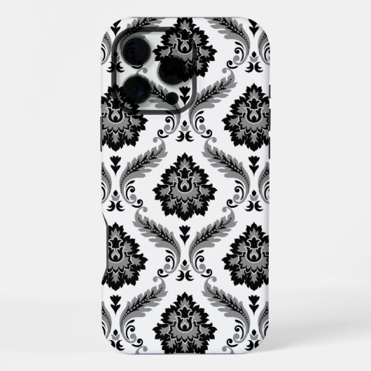 Rococo-Damask-Muster Grau Schwarz Weiß iPhone Hülle (Rückseite)