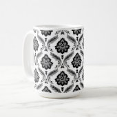 Rococo-Damask-Muster Grau Schwarz Weiß Kaffeetasse (Vorderseite Links)