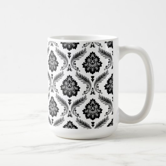 Rococo-Damask-Muster Grau Schwarz Weiß Kaffeetasse (Rechts)
