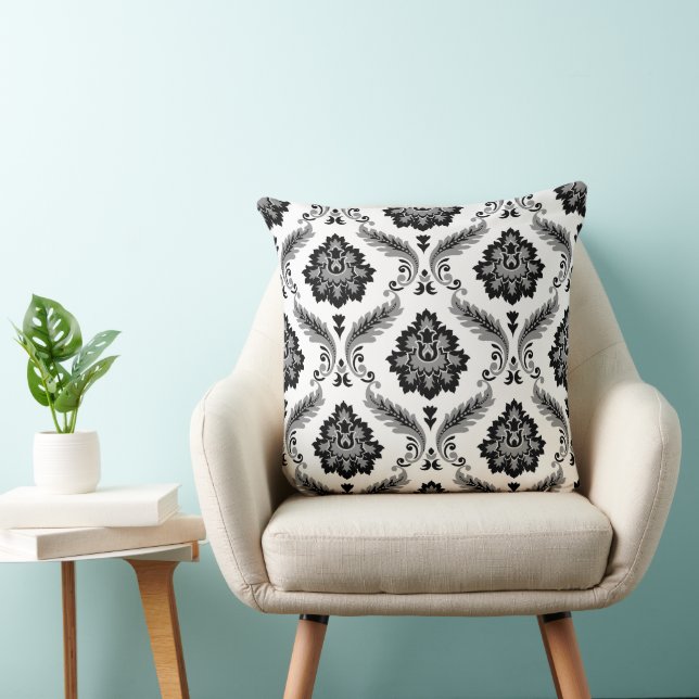 Rococo-Damask-Muster Grau Schwarz Weiß Kissen (Stuhl )