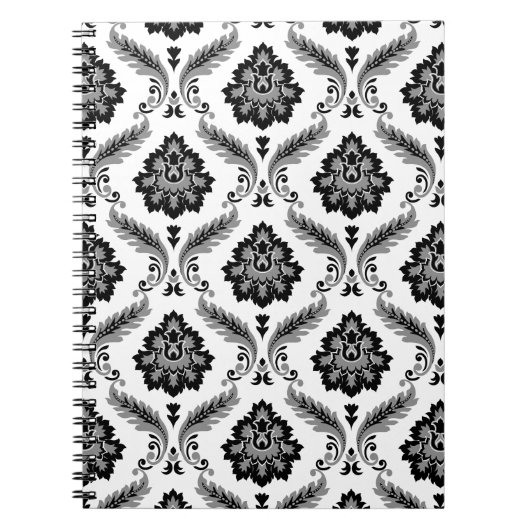 Rococo-Damask-Muster Grau Schwarz Weiß Notizblock (Vorderseite)