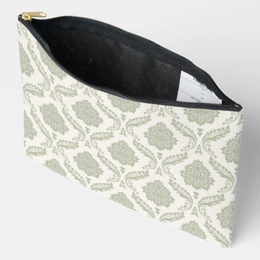 Rococo-Damask-Muster Grün auf Creme Zubehörtasche (Offen)