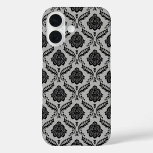 Rococo-Damask-Muster Schwarz auf Grau iPhone 16 Hülle