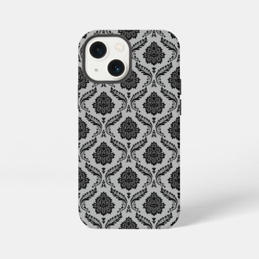 Rococo-Damask-Muster Schwarz auf Grau iPhone Hülle (Rückseite)