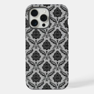 Rococo-Damask-Muster Schwarz auf Grau iPhone 15 Pro Max Hülle