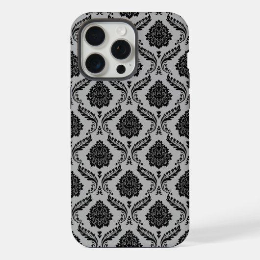 Rococo-Damask-Muster Schwarz auf Grau iPhone Hülle (Rückseite)