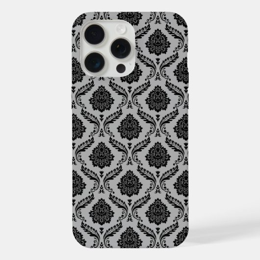 Rococo-Damask-Muster Schwarz auf Grau iPhone Hülle (Rückseite)