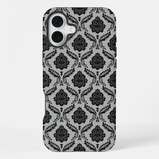 Rococo-Damask-Muster Schwarz auf Grau iPhone Hülle (Rückseite)