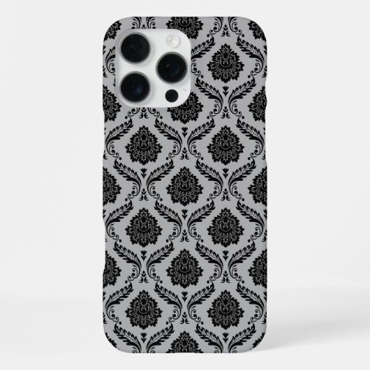 Rococo-Damask-Muster Schwarz auf Grau iPhone Hülle (Rückseite)