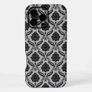 Rococo-Damask-Muster Schwarz auf Grau iPhone 16 Pro Max Hülle