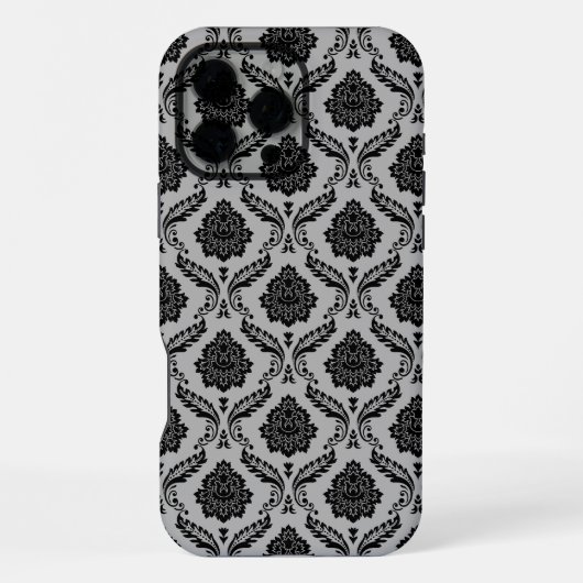 Rococo-Damask-Muster Schwarz auf Grau iPhone Hülle (Rückseite)