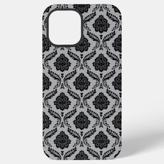 Rococo-Damask-Muster Schwarz auf Grau iPhone Hülle (Rückseite)