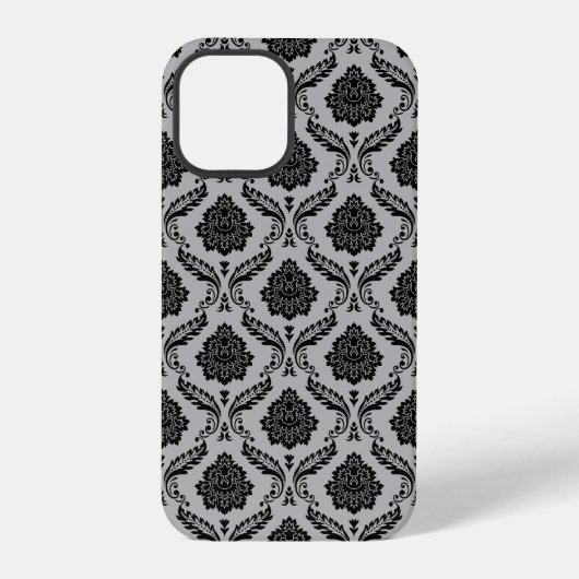 Rococo-Damask-Muster Schwarz auf Grau iPhone Hülle (Rückseite)