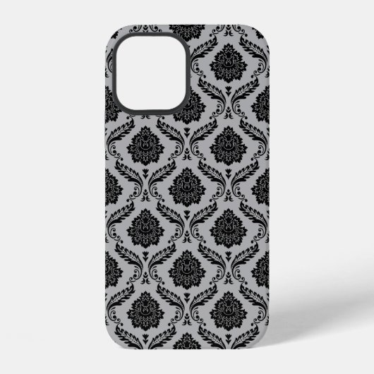 Rococo-Damask-Muster Schwarz auf Grau iPhone Hülle (Rückseite)