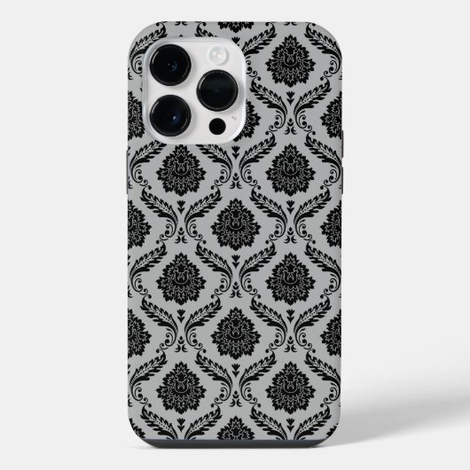 Rococo-Damask-Muster Schwarz auf Grau iPhone Hülle (Rückseite)