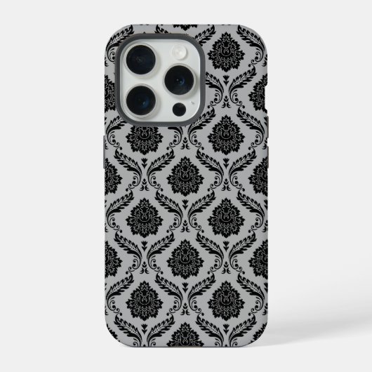 Rococo-Damask-Muster Schwarz auf Grau iPhone Hülle (Rückseite)