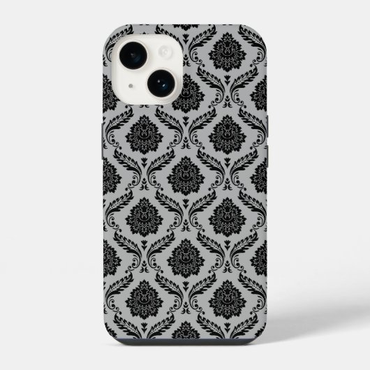 Rococo-Damask-Muster Schwarz auf Grau iPhone Hülle (Rückseite)
