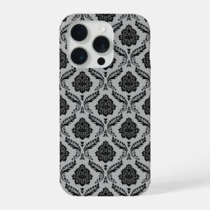 Rococo-Damask-Muster Schwarz auf Grau iPhone 15 Pro Hülle