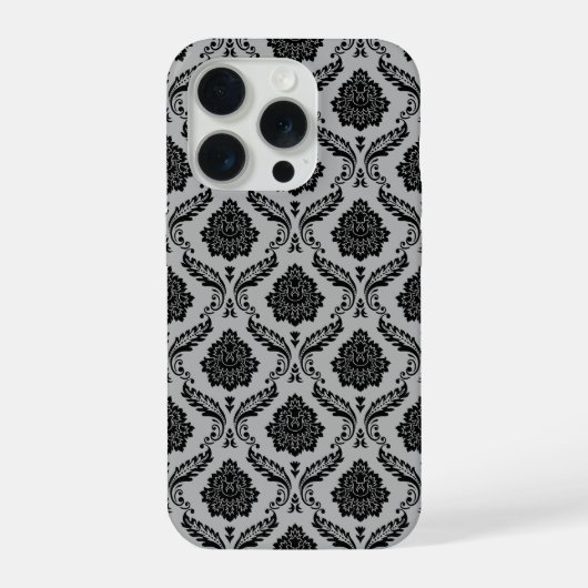 Rococo-Damask-Muster Schwarz auf Grau iPhone Hülle (Rückseite)