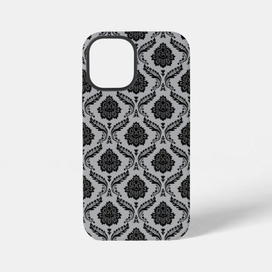 Rococo-Damask-Muster Schwarz auf Grau iPhone Hülle (Rückseite)