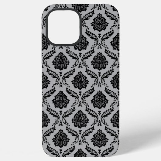 Rococo-Damask-Muster Schwarz auf Grau iPhone Hülle (Rückseite)