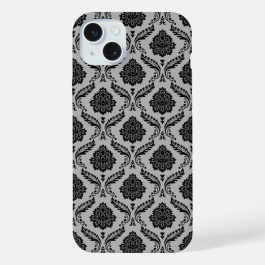 Rococo-Damask-Muster Schwarz auf Grau iPhone Hülle (Rückseite)
