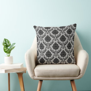 Rococo-Damask-Muster Schwarz auf Grau Kissen
