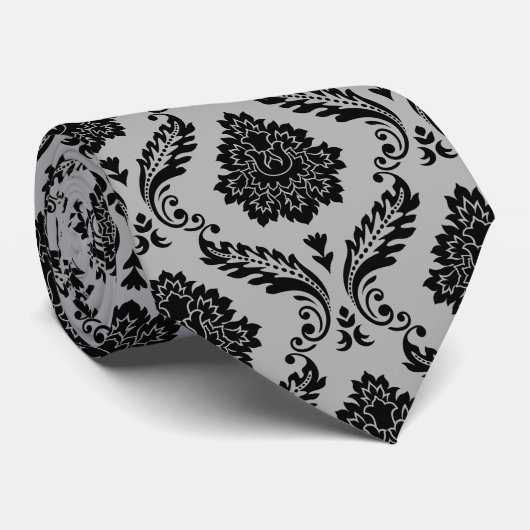 Rococo-Damask-Muster Schwarz auf Grau Krawatte (Gerollt)