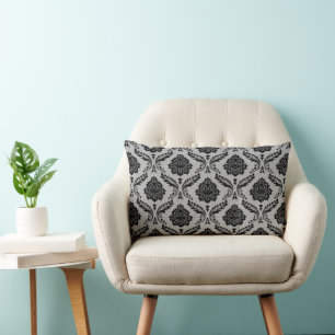Rococo-Damask-Muster Schwarz auf Grau Lendenkissen