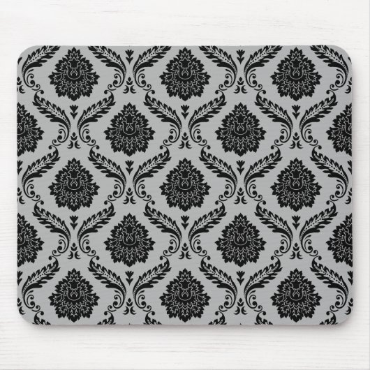 Rococo-Damask-Muster Schwarz auf Grau Mousepad (Vorne)