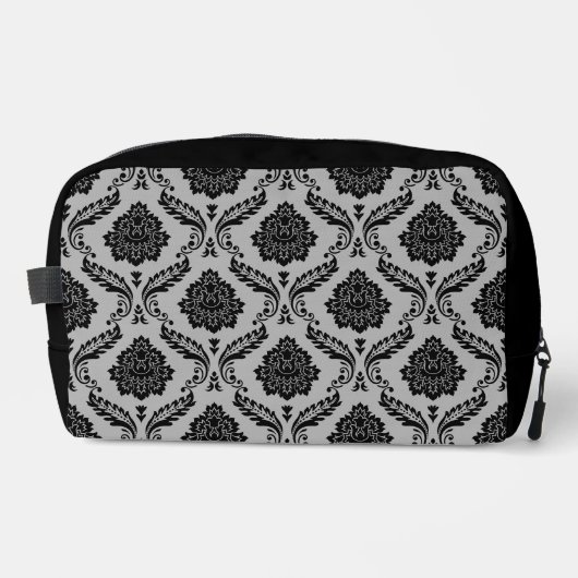 Rococo-Damask-Muster Schwarz auf Grau Waschbeutel (Vorderseite)