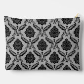 Rococo-Damask-Muster Schwarz auf Grau Zubehörtasche (Rückseite)