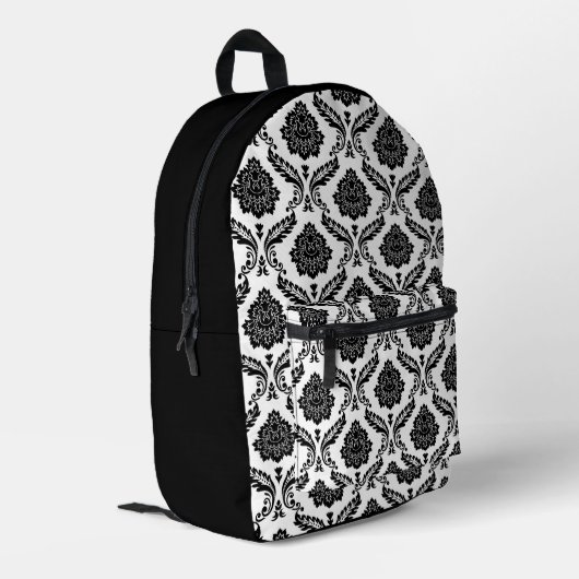 Rococo-Damask-Muster Schwarz auf Weiß Bedruckter Rucksack (Rückseitige Ecke links)