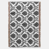 Rococo-Damask-Muster Schwarz auf Weiß Decke (Vorderseite Vertikal)