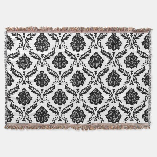 Rococo-Damask-Muster Schwarz auf Weiß Decke (Vorderseite)