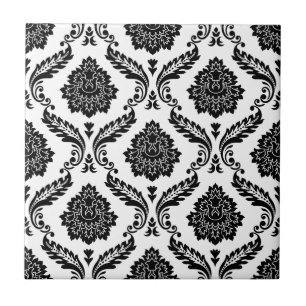 Rococo-Damask-Muster Schwarz auf Weiß Fliese