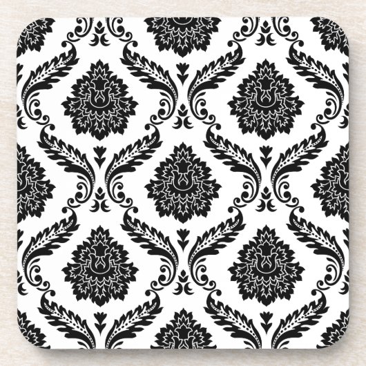 Rococo-Damask-Muster Schwarz auf Weiß Getränkeuntersetzer (Vorderseite)