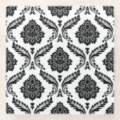 Rococo-Damask-Muster Schwarz auf Weiß Glasuntersetzer (Vorderseite)