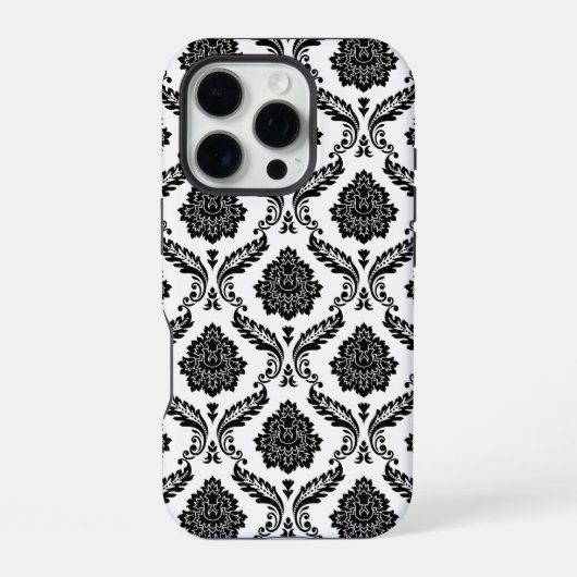 Rococo-Damask-Muster Schwarz auf Weiß iPhone Hülle (Rückseite)