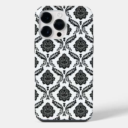 Rococo-Damask-Muster Schwarz auf Weiß iPhone Hülle (Rückseite)