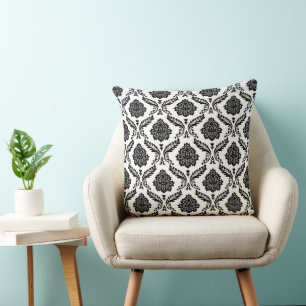 Rococo-Damask-Muster Schwarz auf Weiß Kissen