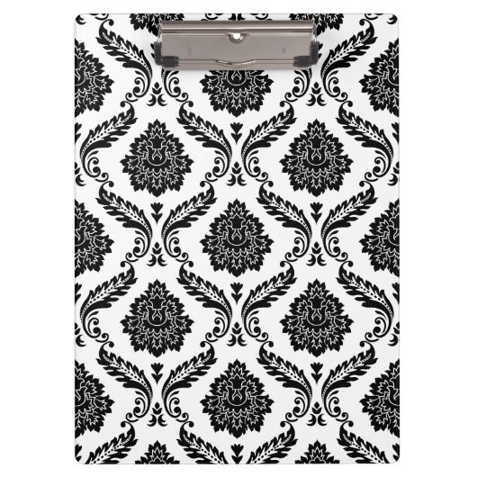 Rococo-Damask-Muster Schwarz auf Weiß Klemmbrett (Vorderseite)