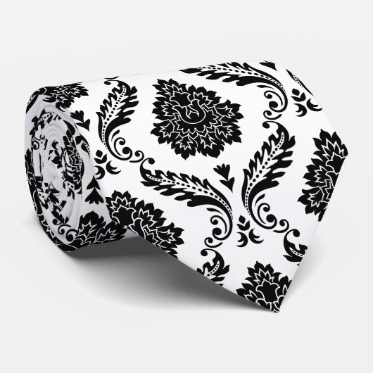 Rococo-Damask-Muster Schwarz auf Weiß Krawatte (Gerollt)