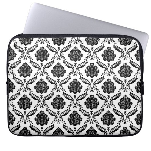 Rococo-Damask-Muster Schwarz auf Weiß Laptopschutzhülle (Vorderseite)