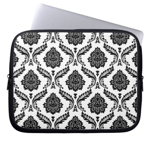 Rococo-Damask-Muster Schwarz auf Weiß Laptopschutzhülle (Vorderseite)