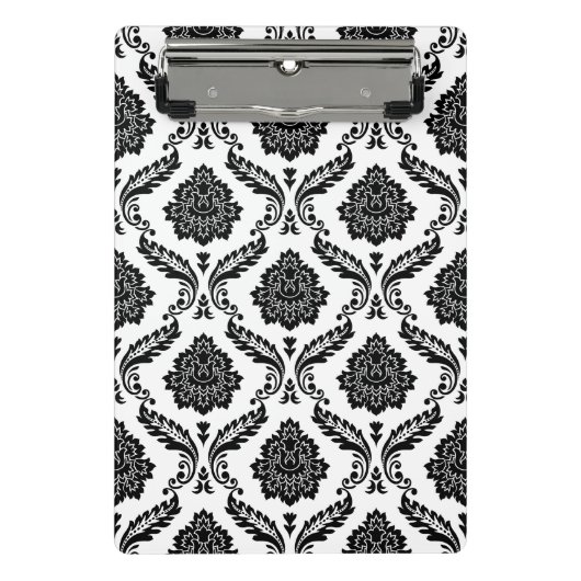 Rococo-Damask-Muster Schwarz auf Weiß Mini Klemmbrett (Vorderseite)