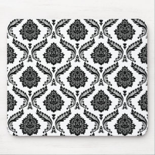 Rococo-Damask-Muster Schwarz auf Weiß Mousepad